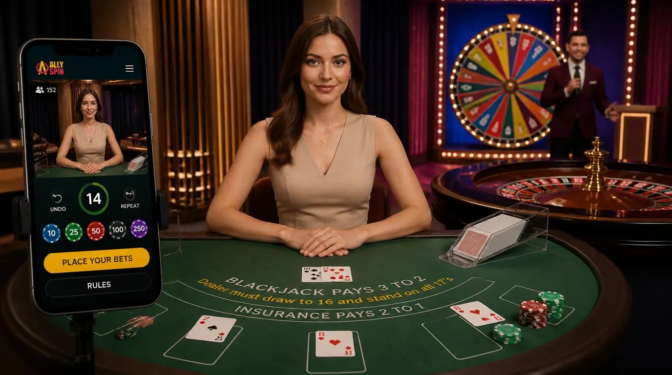 Krupierka przy stole blackjacka, koło ruletki i telefon z czytelnym interfejsem kasyna na żywo