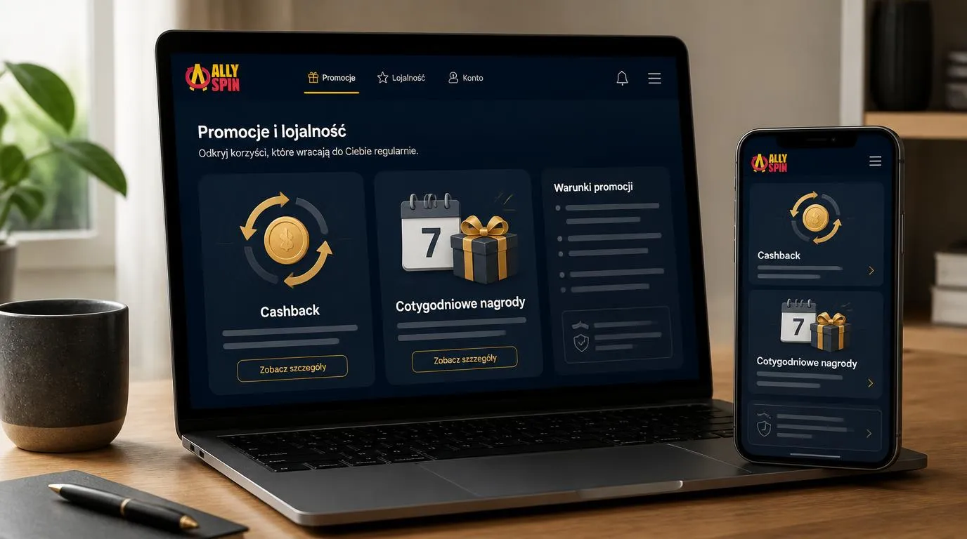 Panel promocji kasynowych z kartami cashbacku, nagród tygodniowych i kalendarzem ofert
